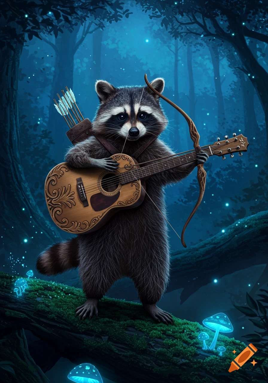 A fantasy illustration of a raccoon archer playing an ornate acoustic guitar in a glowing blue forest with bioluminescent mushrooms.