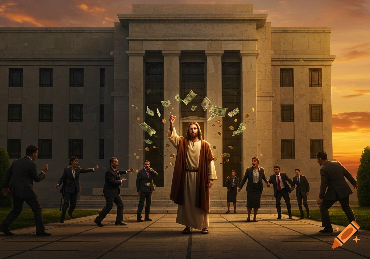 Jesus stands before a grand building with money raining down, as surprised business people react around him at sunset. Photorealistic.