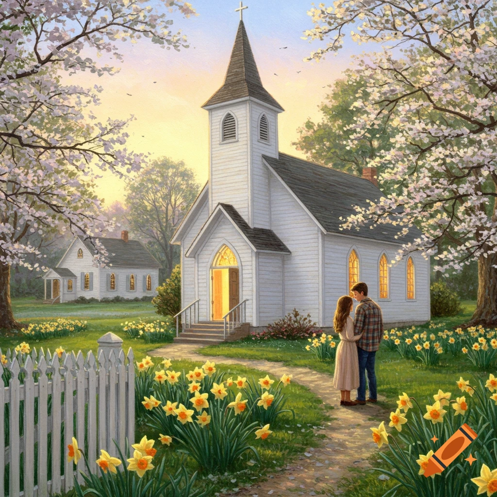 A painterly scene of a couple standing by a white church, surrounded by blooming trees and daffodils in warm spring light.