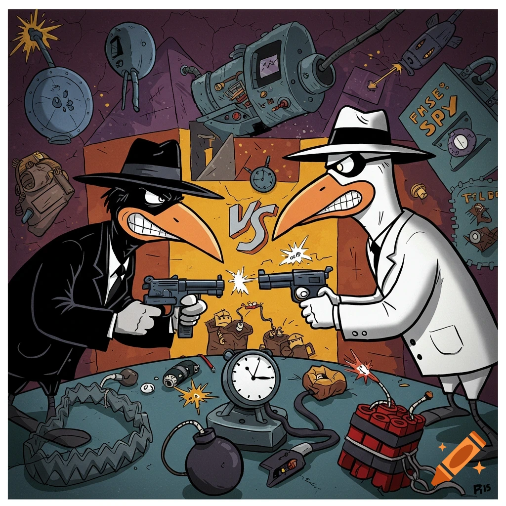 A stylized cartoon illustration of two bird-like spies, one black and one white, aiming guns at each other on a table filled with bombs, traps, and other gadgets, reminiscent of Mad Magazine's Spy vs. Spy.