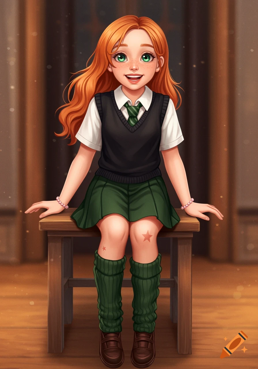 A cute anime girl with reddish-orange hair and green eyes, wearing a school uniform with a black vest, green skirt, and leg warmers, smiling while sitting on a stool.
