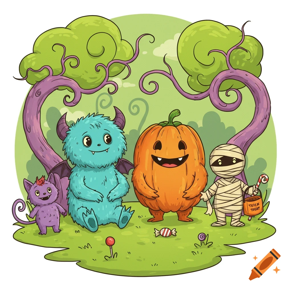 A whimsical illustration of a fluffy blue monster, an orange pumpkin, a mummy, and a purple creature celebrating Halloween.
