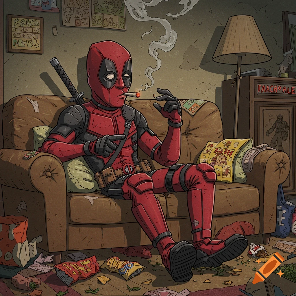 Comic book style illustration of a parody Deadpool character in a messy room, slouched on a couch, holding a lit blunt.
