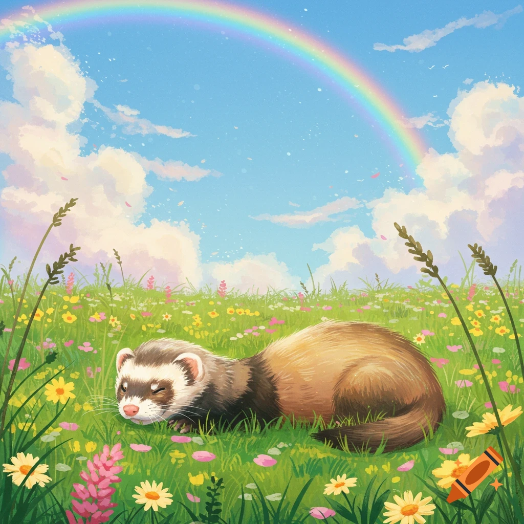 A cute ferret rests in a vibrant wildflower meadow under a bright rainbow and a blue sky.