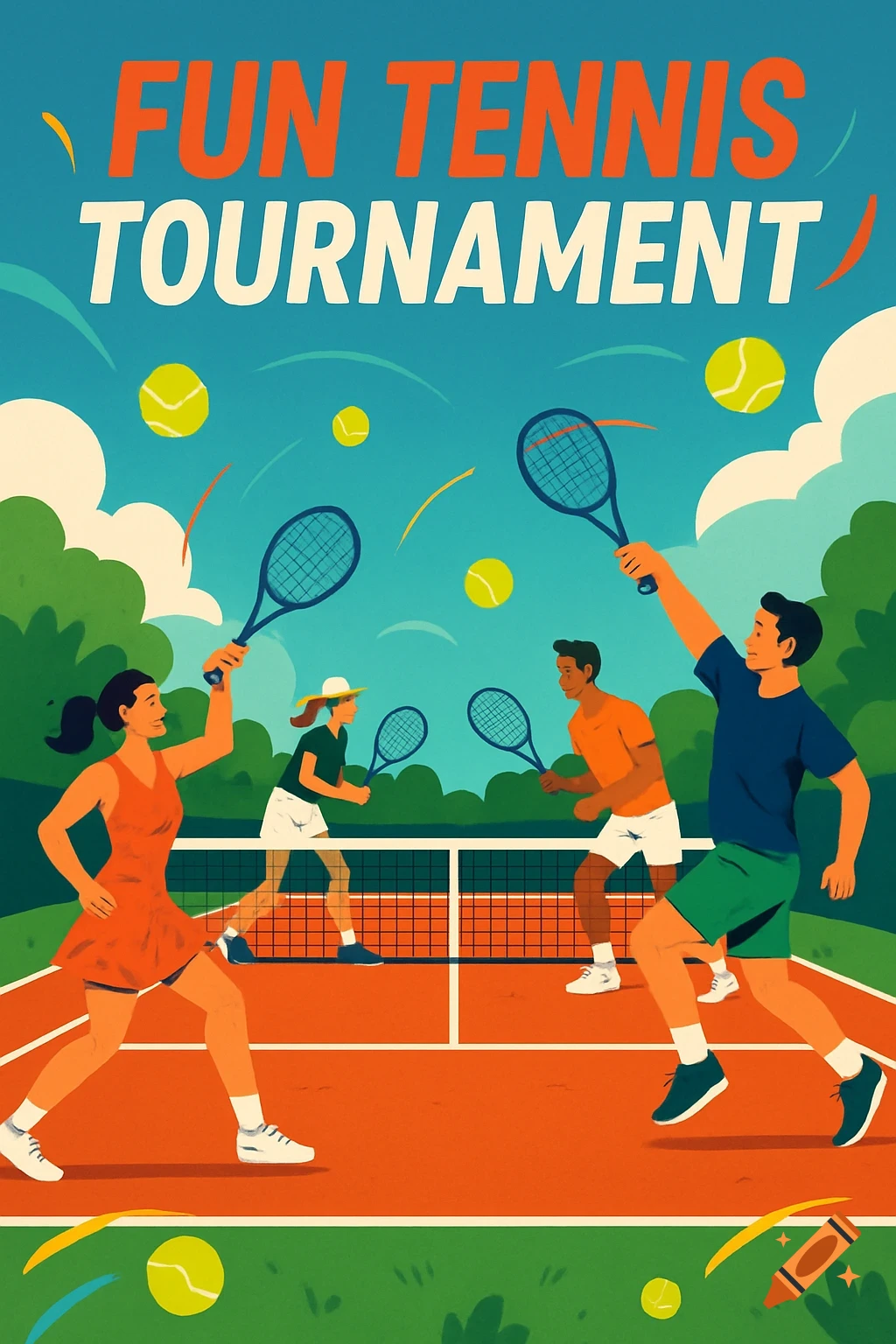 Colorful illustration of a mixed doubles tennis match with four players on an orange court, with 'FUN TENNIS TOURNAMENT' text.