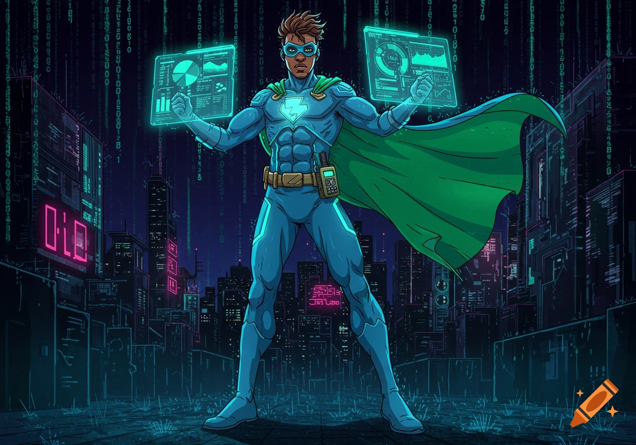 A comic book style superhero in a blue suit and green cape holds two glowing data dashboards in a city with digital rain.