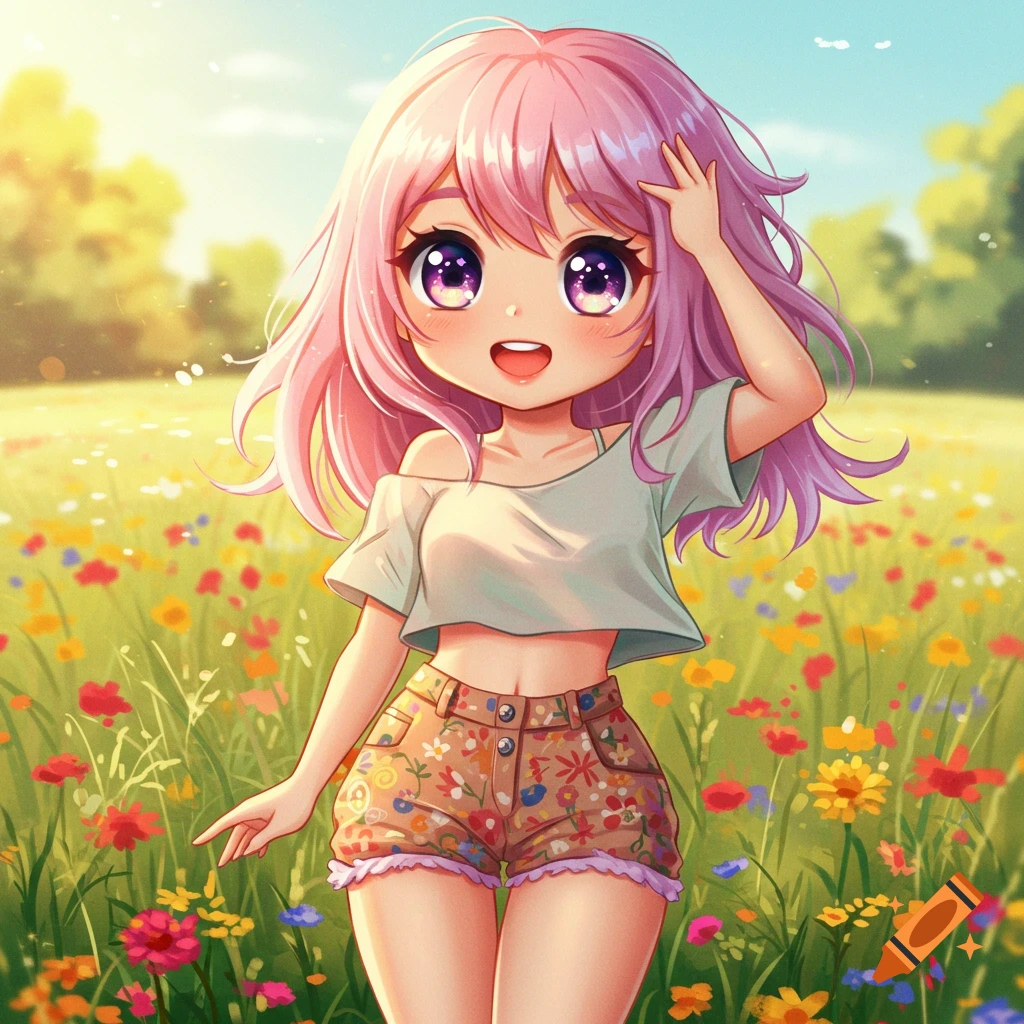A cute anime girl with pink hair, wearing a crop top and shorts, smiles in a vibrant field of colorful flowers on a sunny day.
