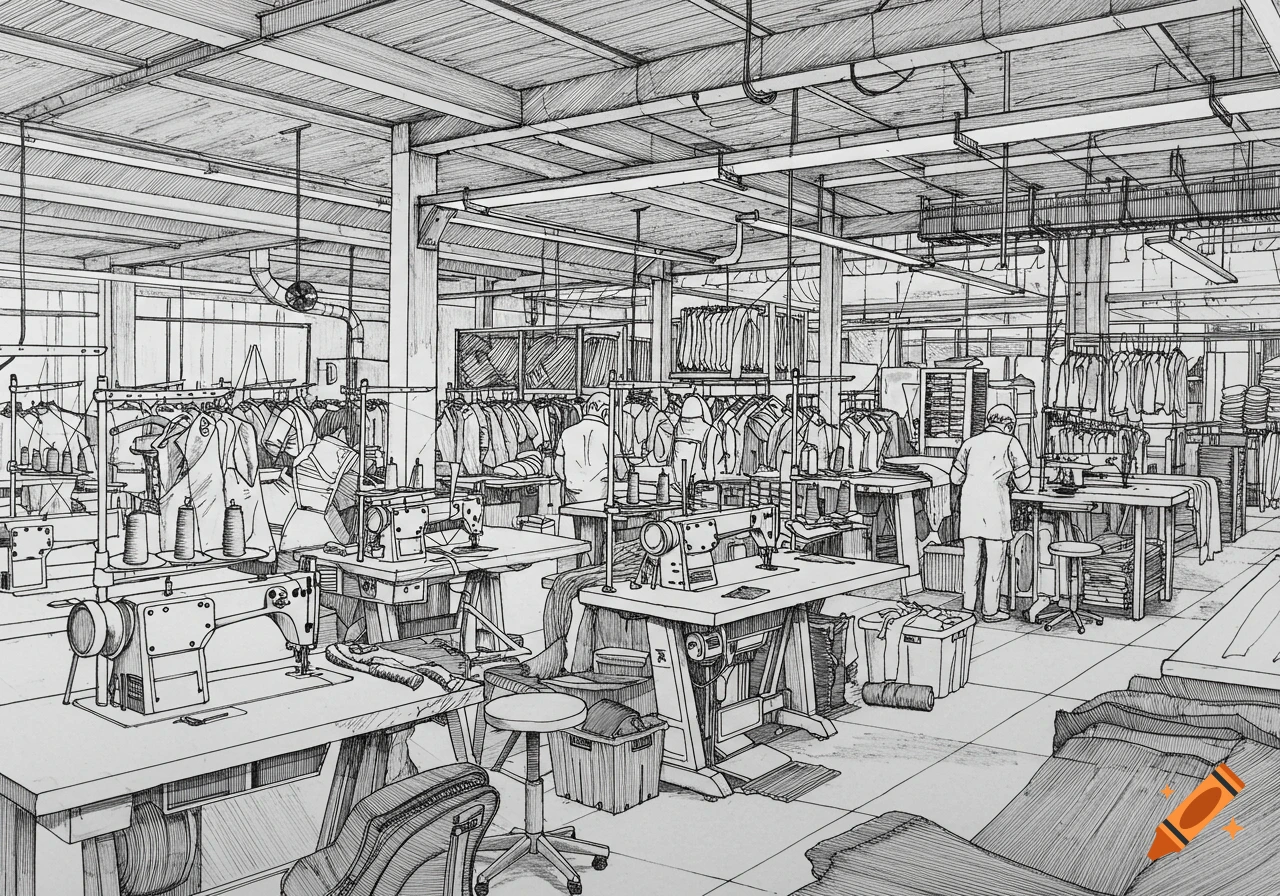 Detailed line drawing of a bustling clothing factory interior with sewing machines, racks of garments, and workers.