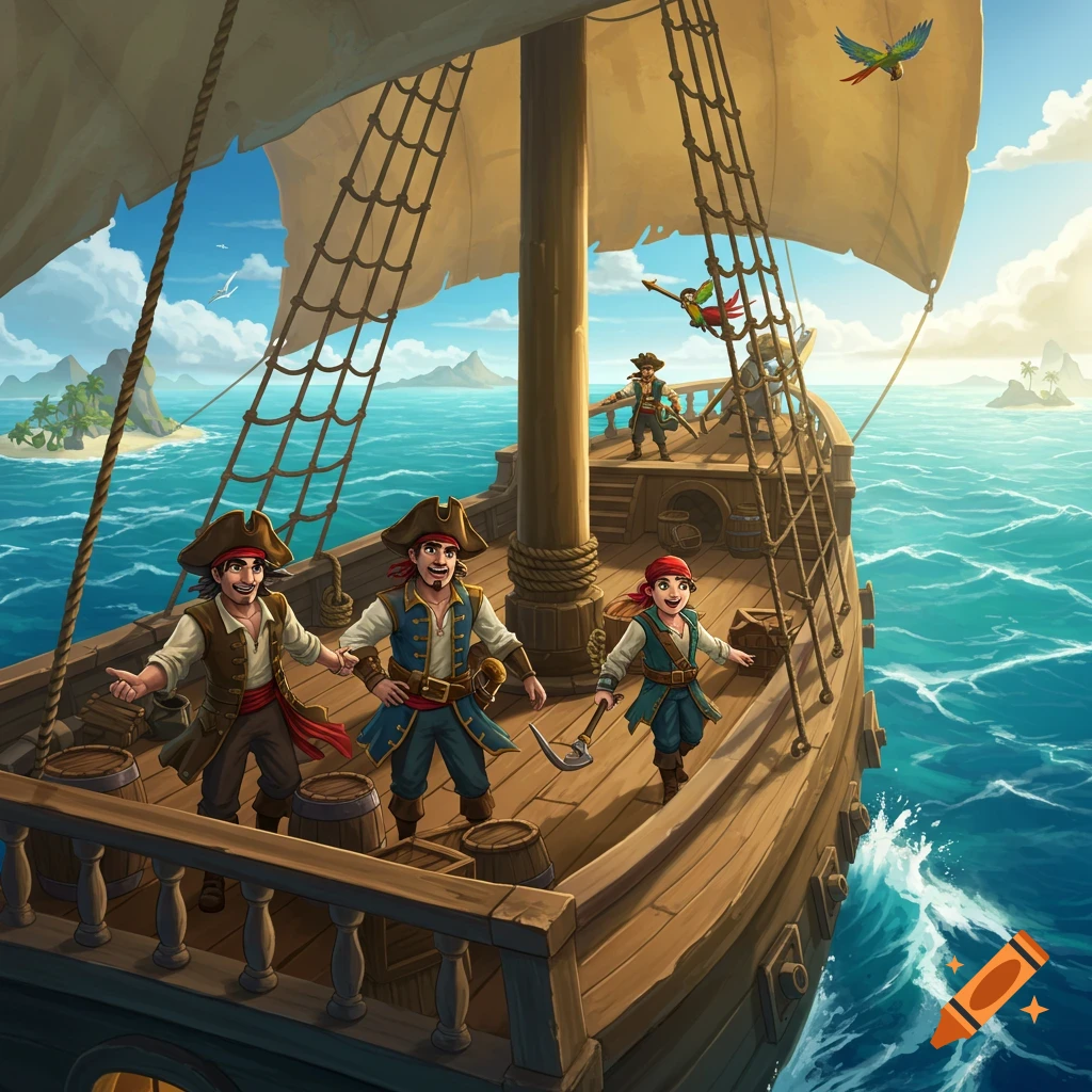 A vibrant cartoon illustration of pirates on a galleon ship sailing on a blue sea under a sunny sky with islands in the distance.