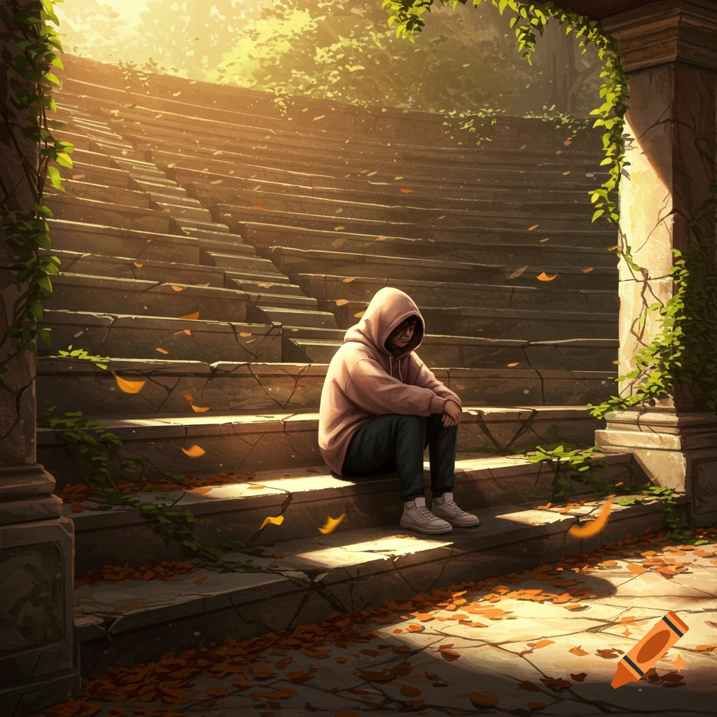 An animated illustration of a lonely figure in a hoodie sitting on sunlit, overgrown stone steps with autumn leaves.
