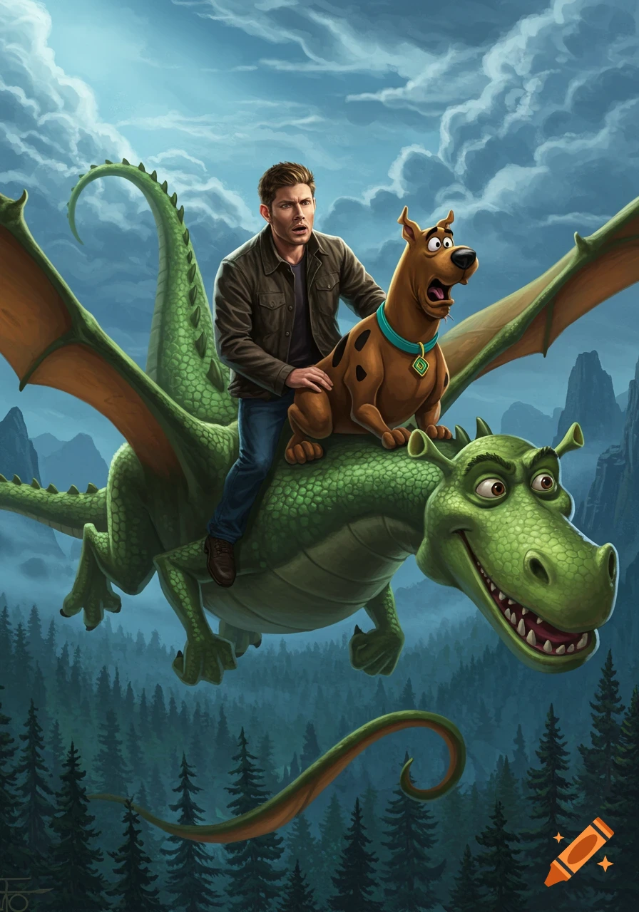 A digital painting shows Dean Winchester and Scooby Doo riding a green dragon over a forested landscape under a cloudy sky.
