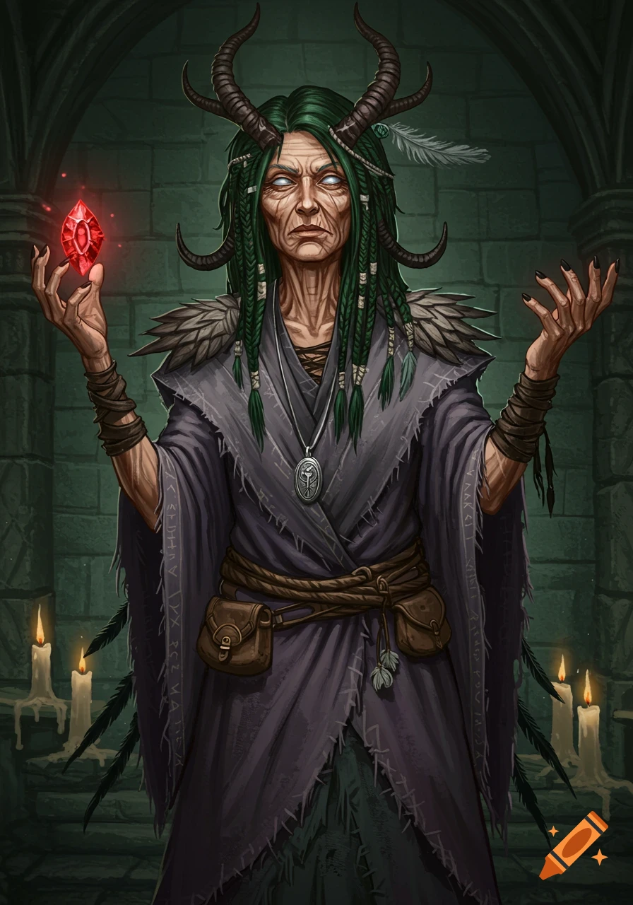 A digital painting of an old, horned witch with green braided hair, pale eyes, and a violet-gray robe, holding a glowing red gem in a stone room with candles.