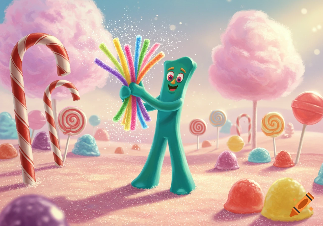 A happy teal Gumby holds colorful pixie sticks in a sparkling candy land filled with giant lollipops and cotton candy trees.