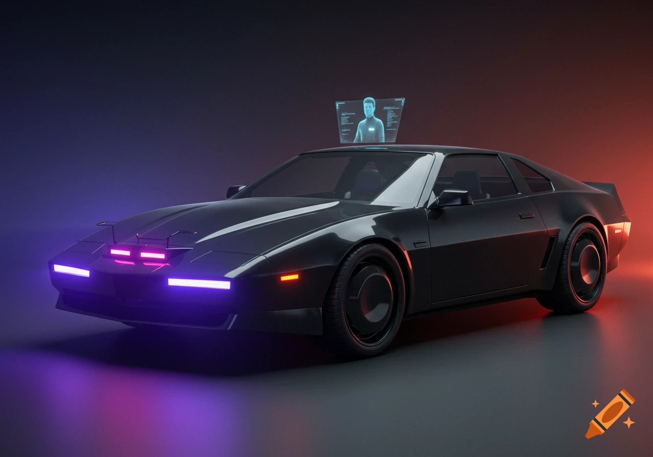 A sleek, black futuristic electric car with purple and red glowing lights and a holographic AI projection above it.