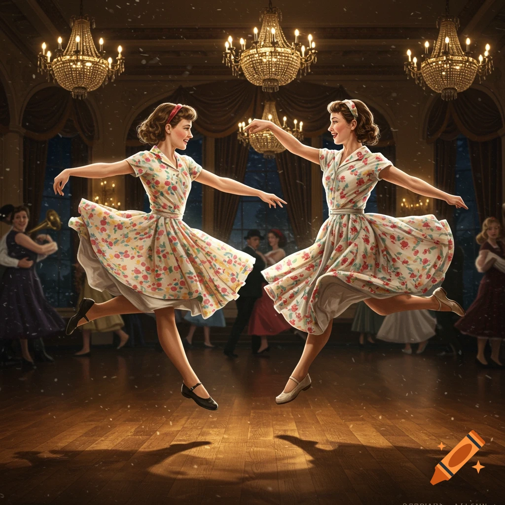 Two women in vintage floral dresses swing dancing in an elegant ballroom with chandeliers.