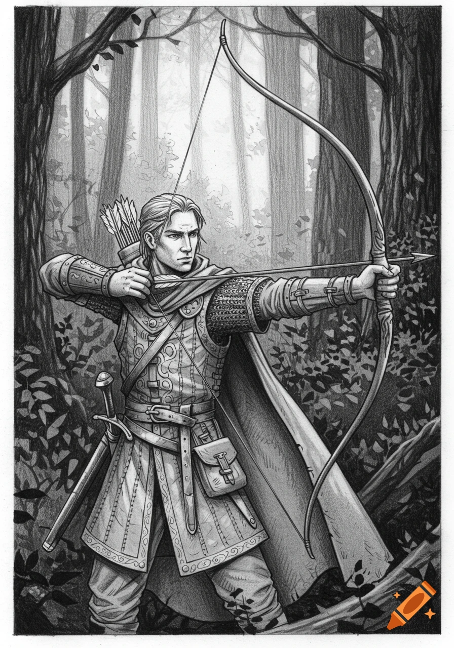 Pencil drawing of a medieval archer in armor aiming a bow and arrow in a dense forest.