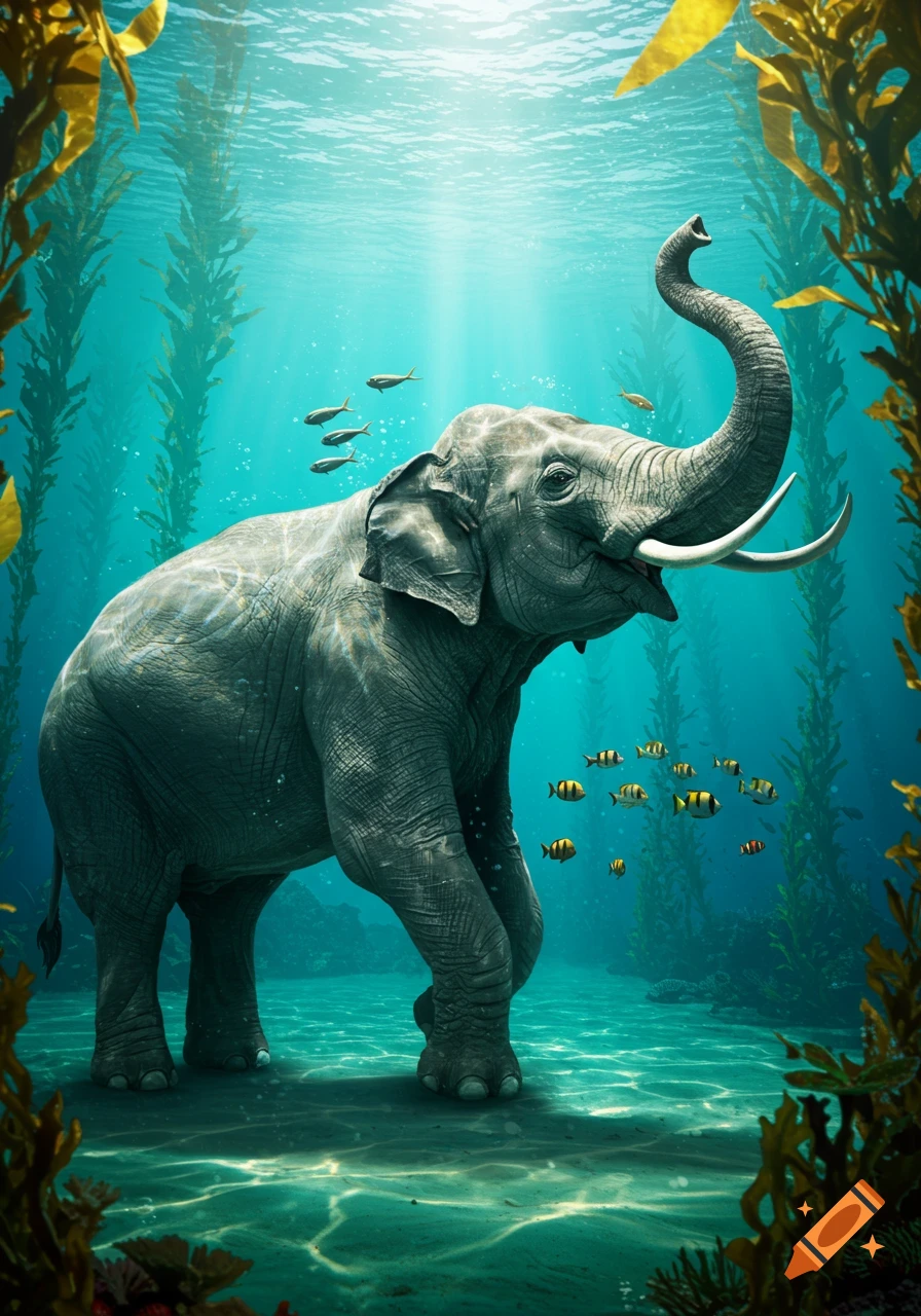 A photorealistic elephant stands on the ocean floor, trunk raised, surrounded by kelp and small fish. Sunlight streams through the clear blue water.