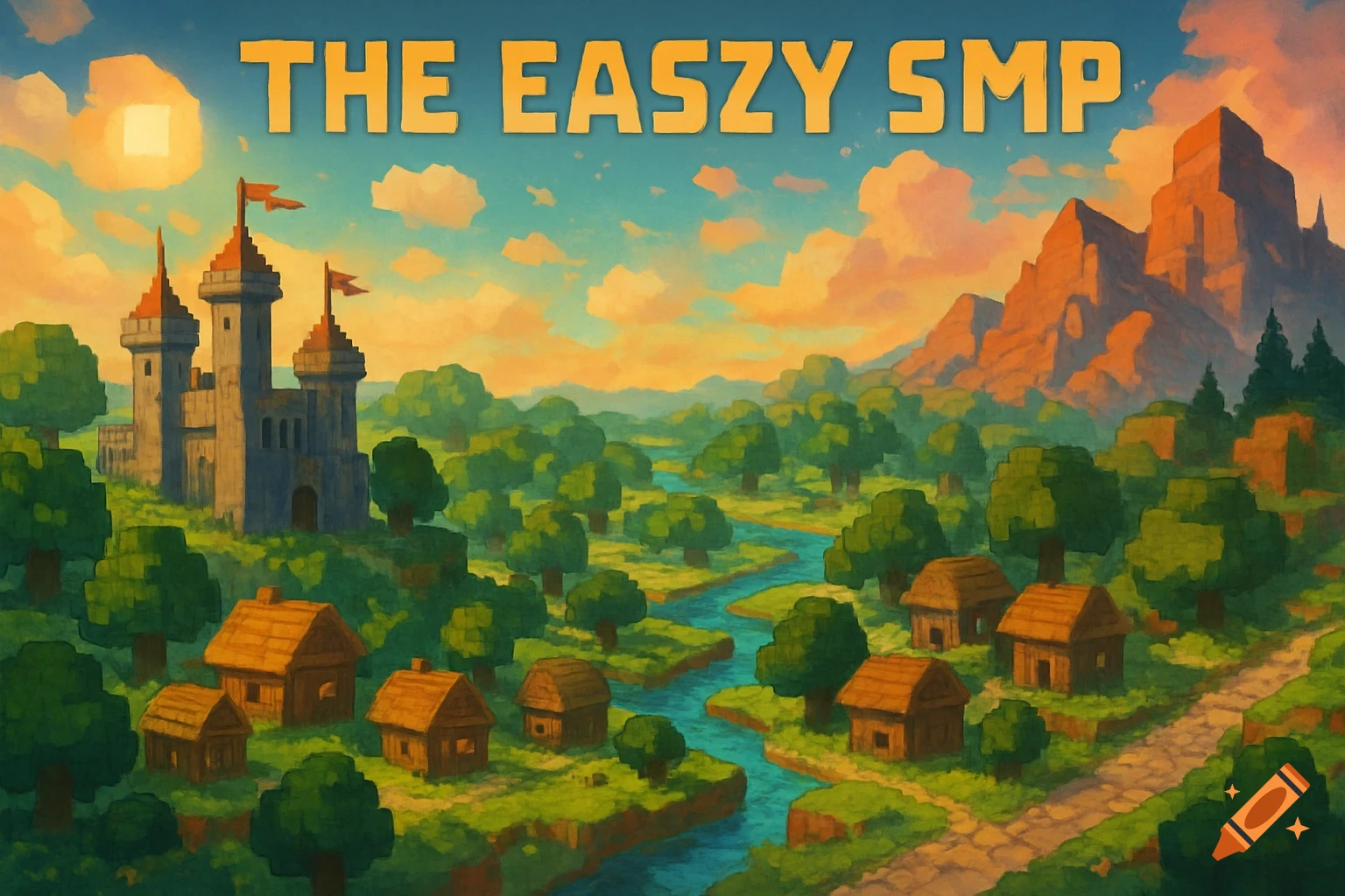 Blocky, stylized landscape with a castle, village, river, mountains, and sunset sky, with 'THE EASZY SMP' text.