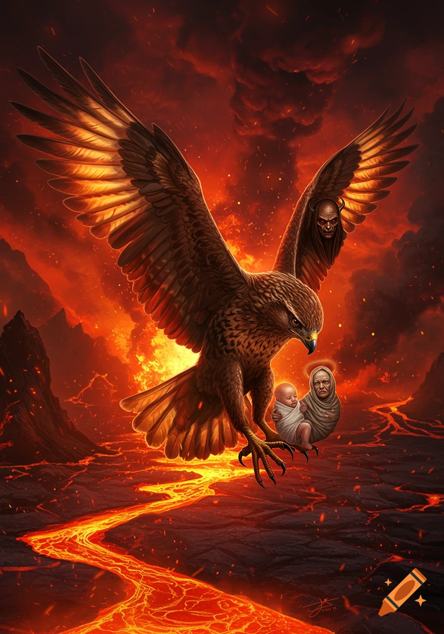 A giant hawk carries a swaddled baby and an old person above a lava landscape, with a demonic face on its wing.