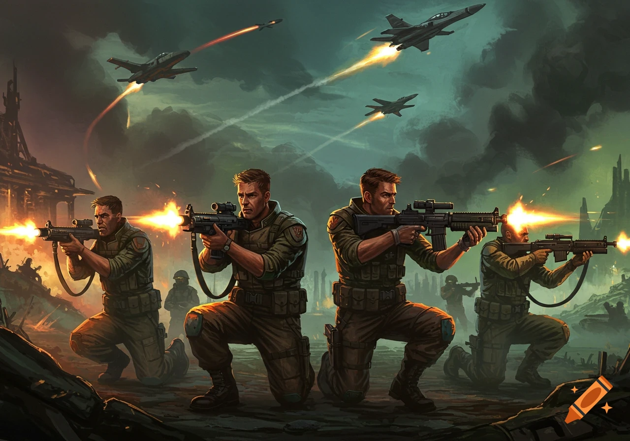 Pulp sci-fi illustration of soldiers firing rifles in a warzone with fighter jets and a missile overhead under a cloudy, green sky.