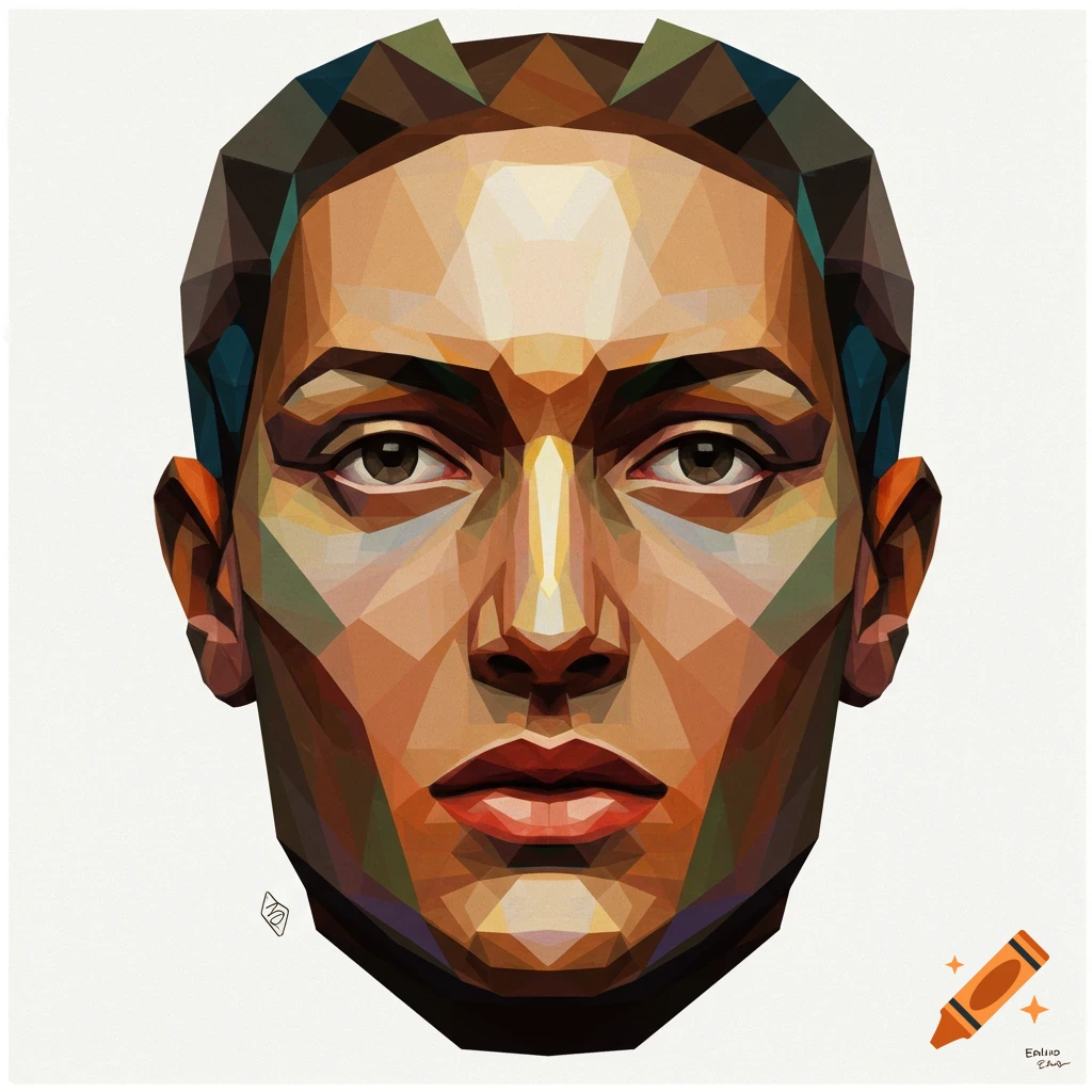 A stylized portrait of a human face made of brown, orange, and green geometric polygons, on a white background.