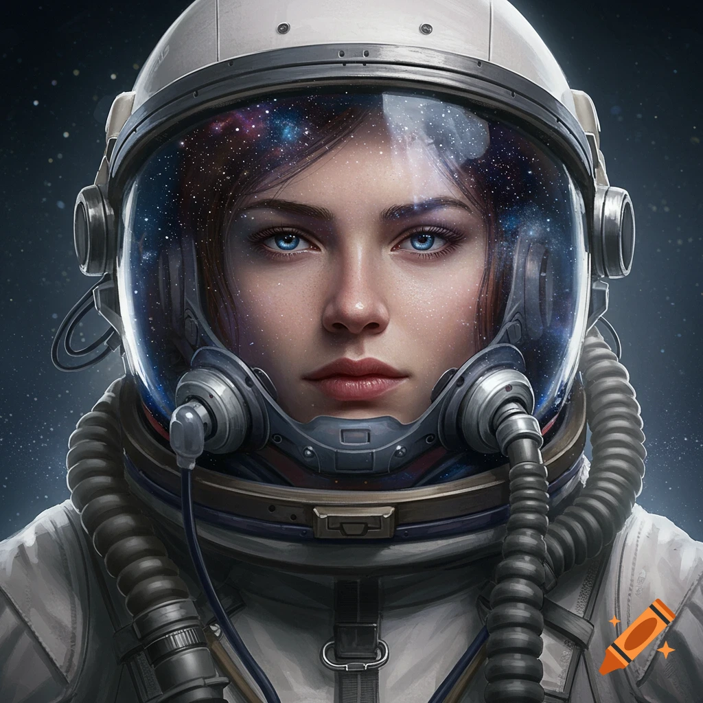 Close-up of a photorealistic woman in a white space suit, looking at the camera. Her clear dome visor reflects a starry galaxy.