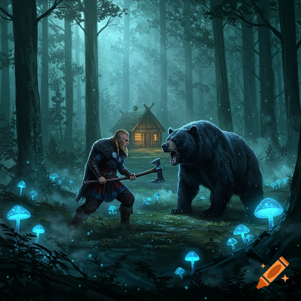 A Viking wielding an axe confronts a roaring black bear in a dark, enchanted forest with glowing mushrooms and a distant cabin.