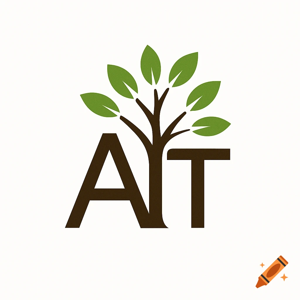 A modern logo featuring the letters 'AT' as a tree trunk with green leaves against a white background.