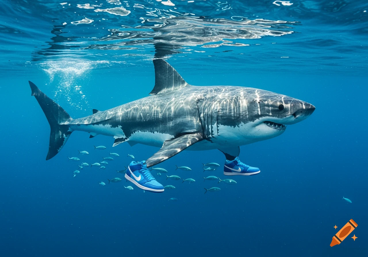 A photorealistic great white shark swims underwater, humorously wearing blue Nike high-top sneakers on its fins.