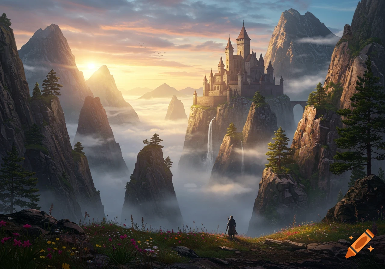 A majestic castle on a misty mountain peak at sunset, overlooking a valley with a lone figure and wildflowers.