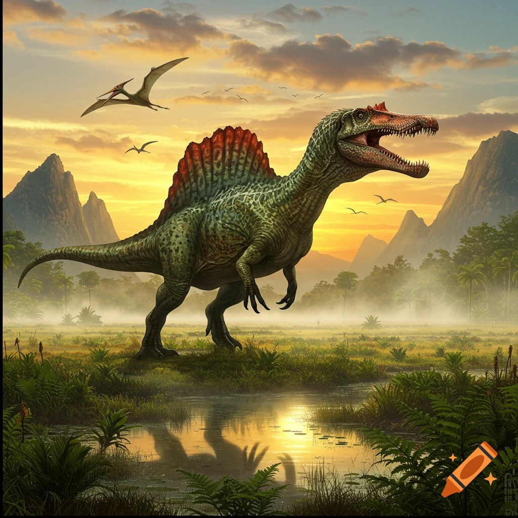 A photorealistic Spinosaurus stands by a pond at sunset in a prehistoric landscape with mountains and pterosaurs.