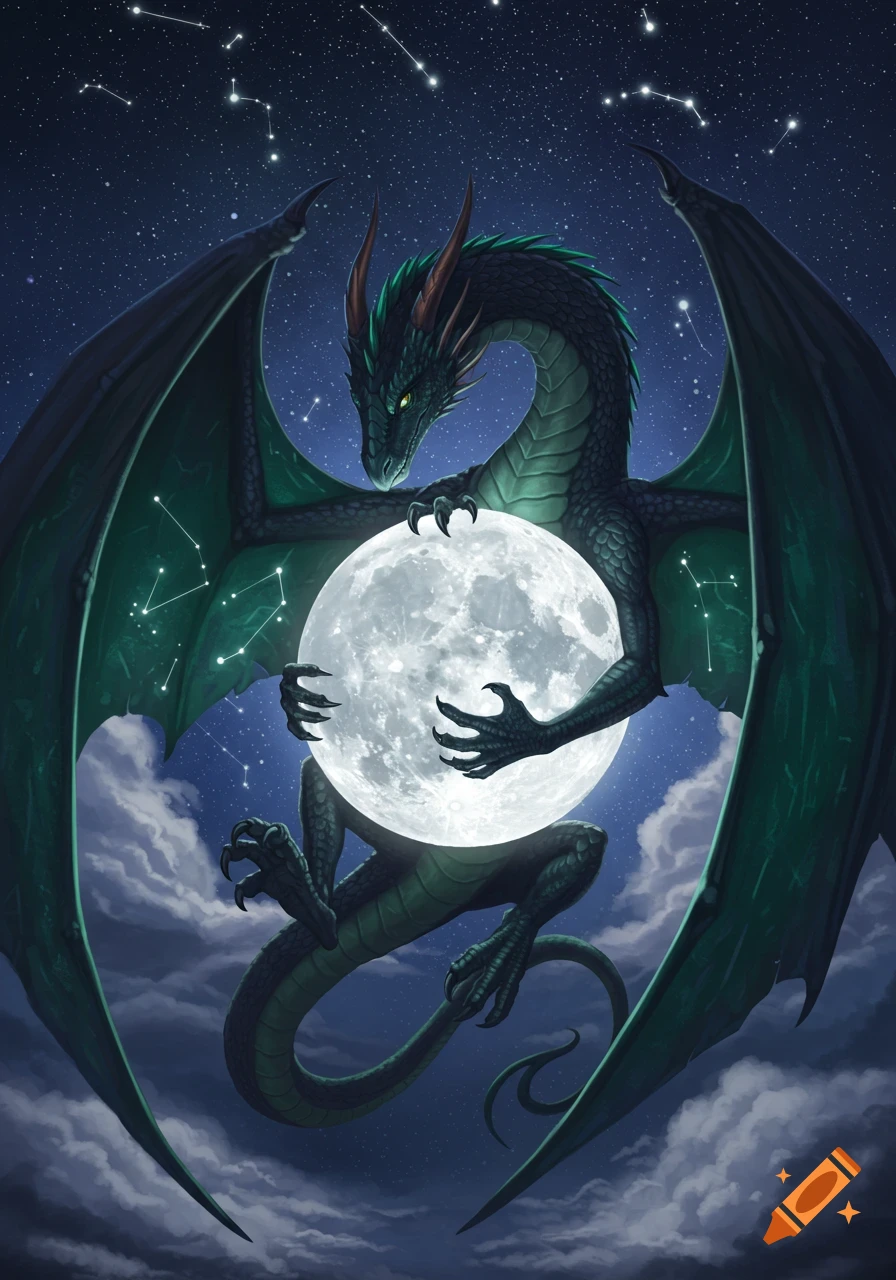 A dark green fantasy dragon with glowing eyes holds a bright full moon against a dark, starry night sky with clouds and constellations.