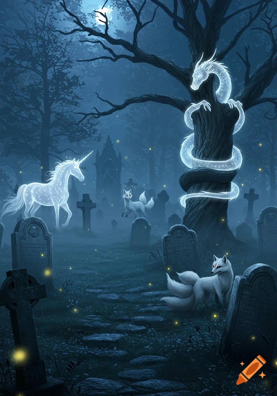 A mystical graveyard at night with a glowing unicorn, a glowing dragon wrapped around a tree, and two white multi-tailed foxes among gravestones.