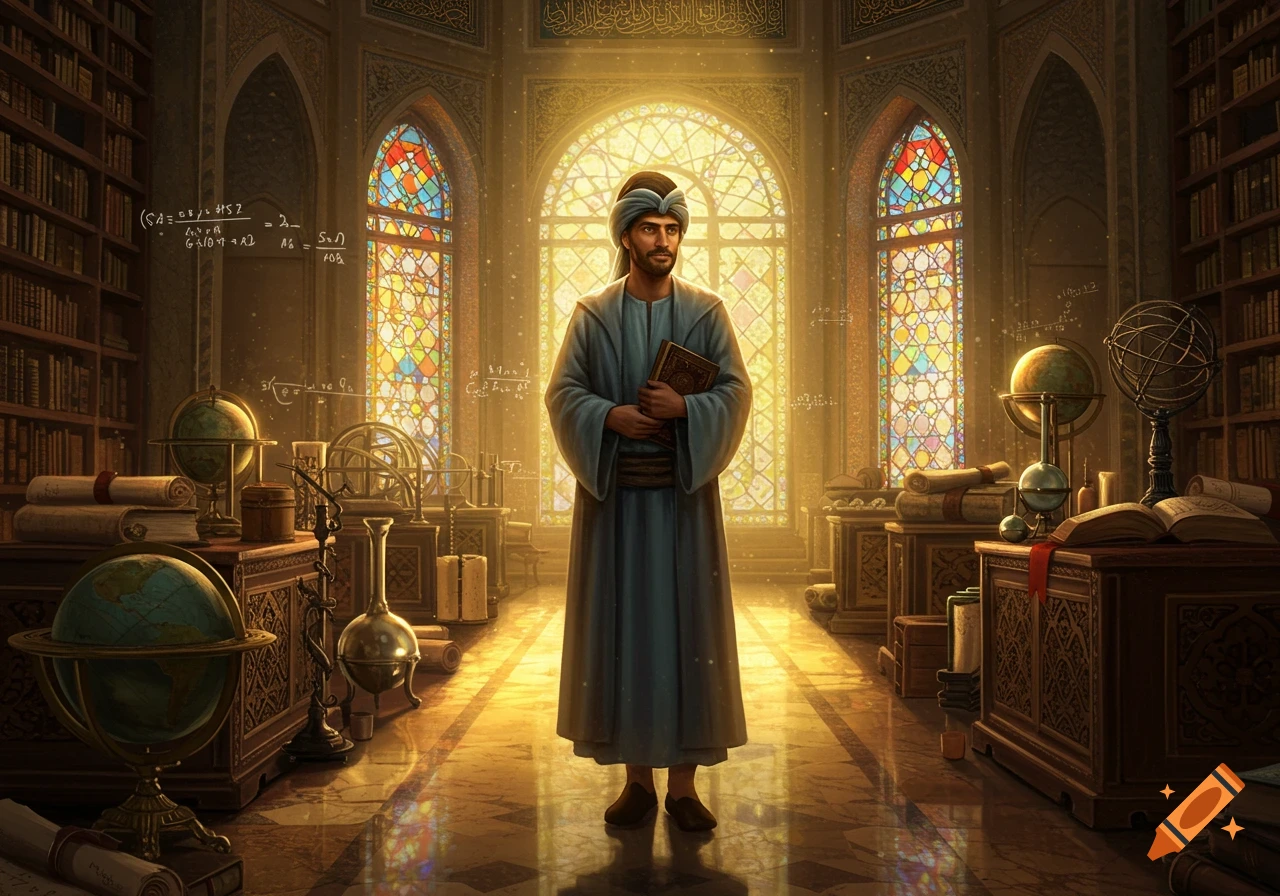 A man in a blue robe and turban holds a book in a grand, sunlit library with stained glass windows, globes, and ancient instruments.