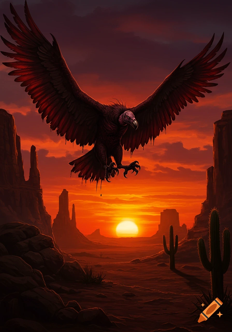 A large, dark vulture with spread wings soars over a fiery orange desert sunset with mesas and cacti.