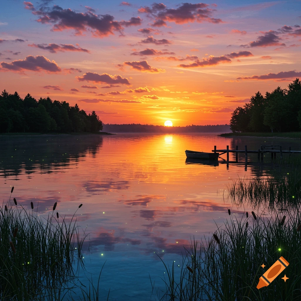 Vibrant orange sunset over a tranquil lake, reflecting the colorful sky. A small boat is tied to a wooden dock, with forests and cattails.