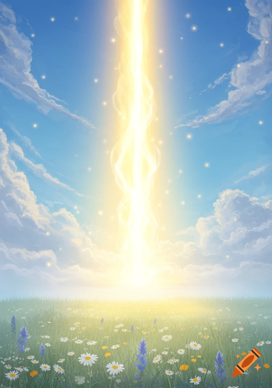 A vibrant, golden light beam shines down from a bright blue, cloudy sky onto a lush green field filled with white daisies and purple flowers.