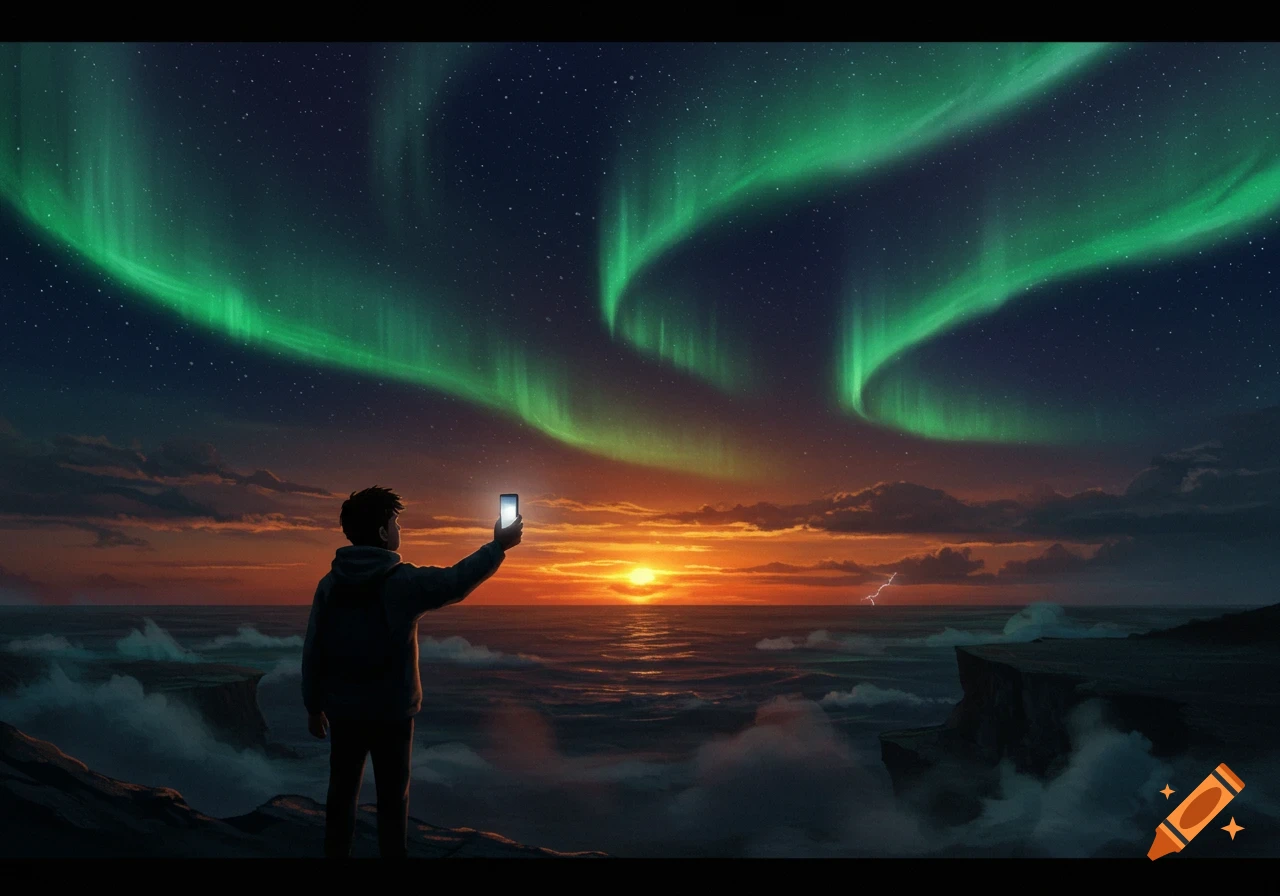 An illustrated person takes a selfie from a cliff, capturing a vibrant sunset over the ocean and green Northern Lights.