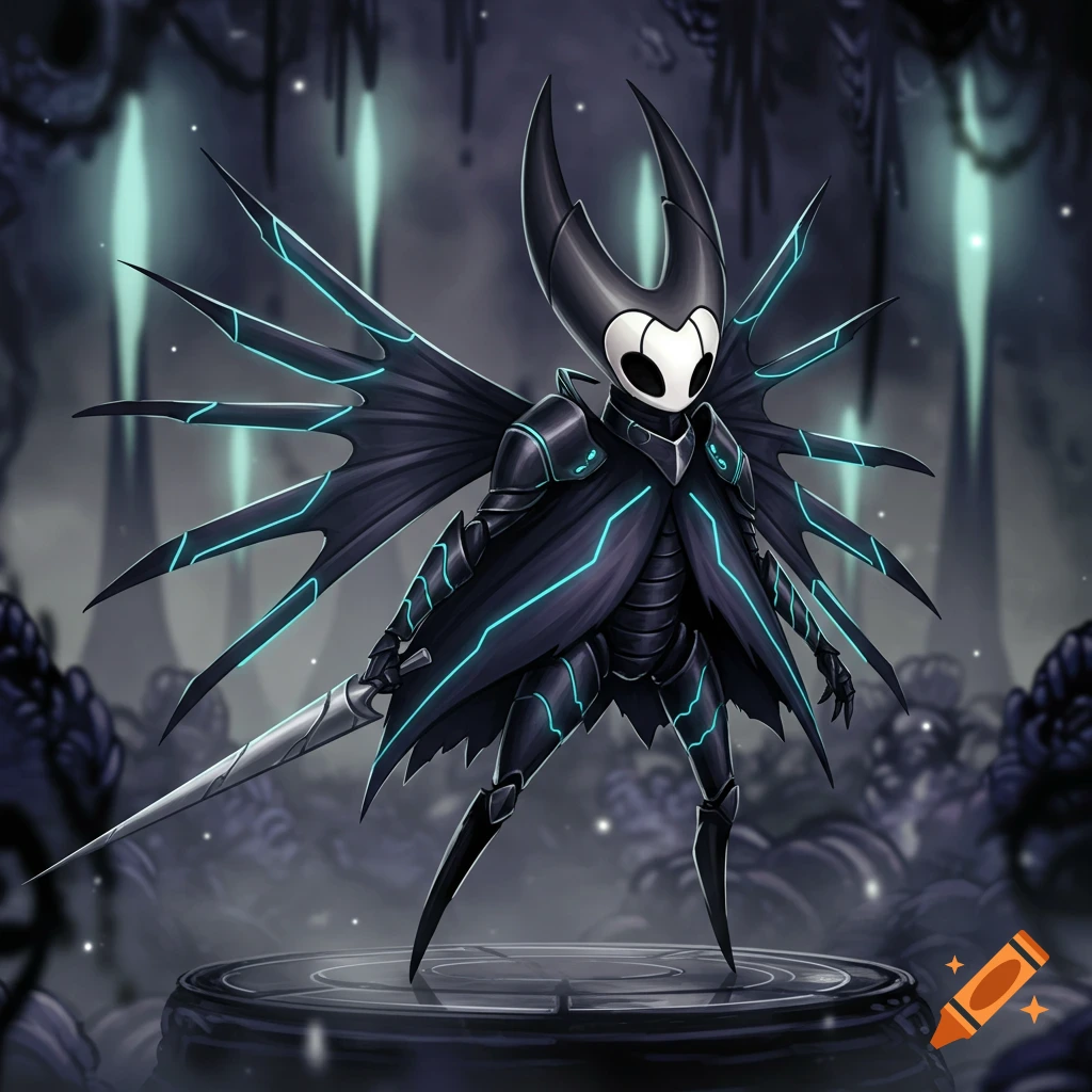 A black armored Hollow Knight character with glowing blue lines and wings stands in a dark cave, holding a sword.