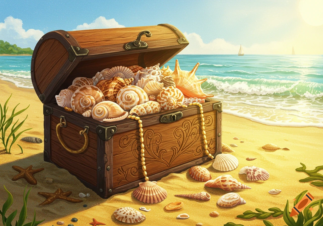 Illustrative image of a wooden treasure chest filled with seashells on a sunny sandy beach with the ocean in the background.