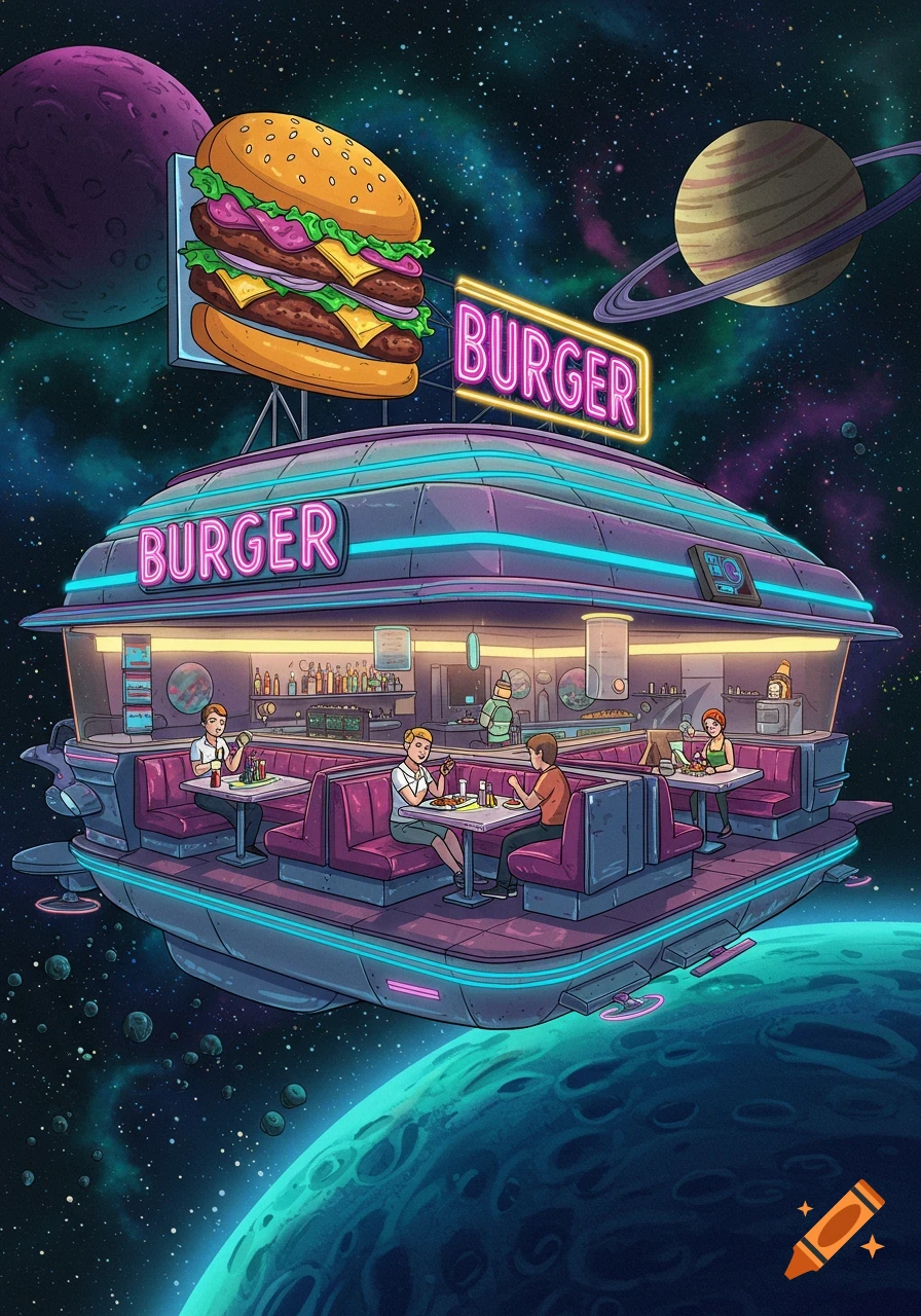 Cartoon illustration of a retro-futuristic burger diner floating in space, with customers eating and planets in the background.