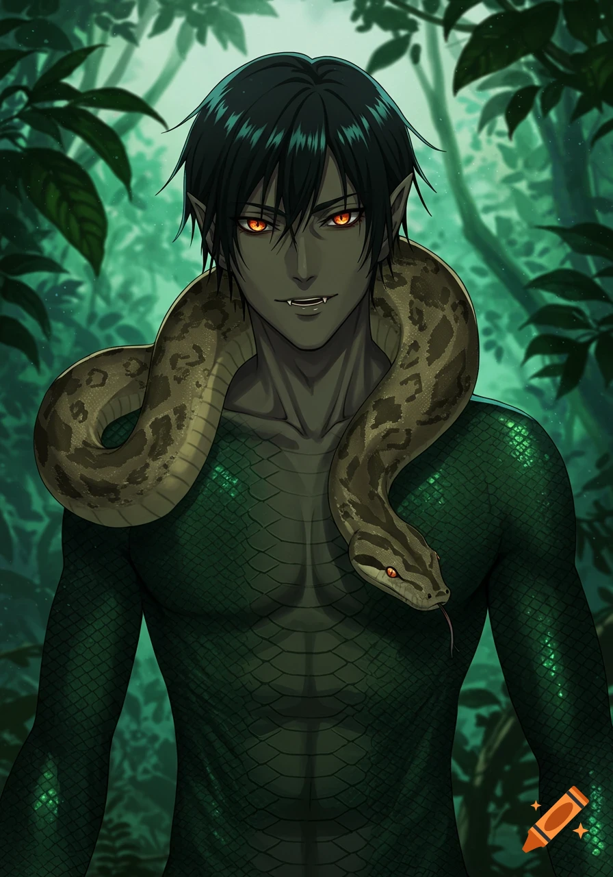 An anime male with dark hair, glowing orange eyes, fangs, and scaled skin, with a boa constrictor on his shoulders in a dark jungle.
