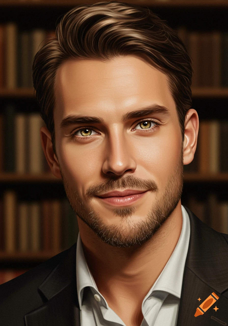 Photorealistic portrait of a handsome man with brown hair, hazel eyes, and a goatee in a suit, against blurred bookshelves.