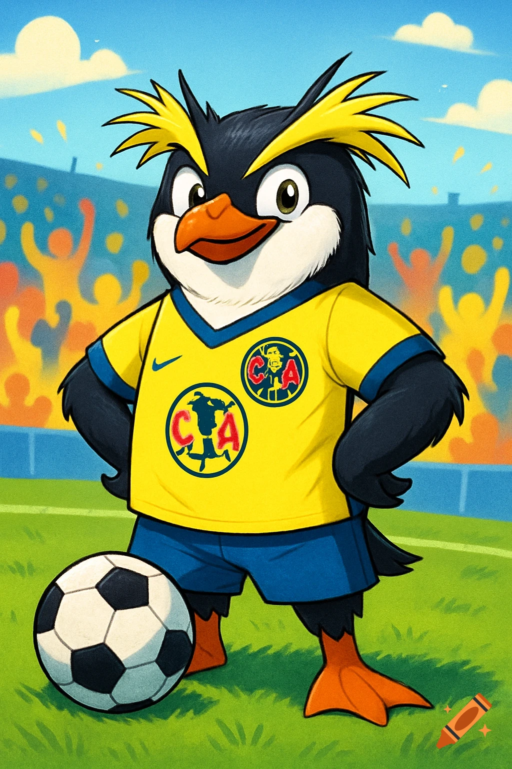 A proud cartoon rockhopper penguin in a yellow soccer jersey stands on a field with a soccer ball, in front of a stadium.