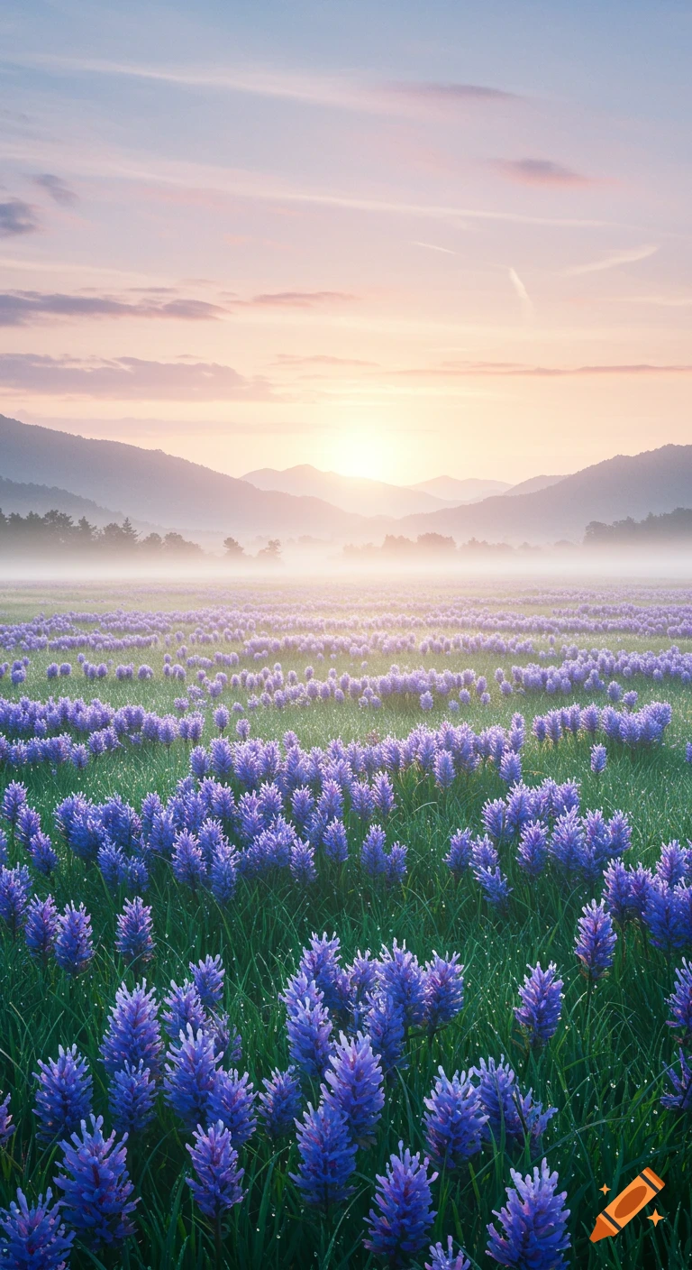 A vibrant field of purple flowers at sunrise, with misty mountains in the background.