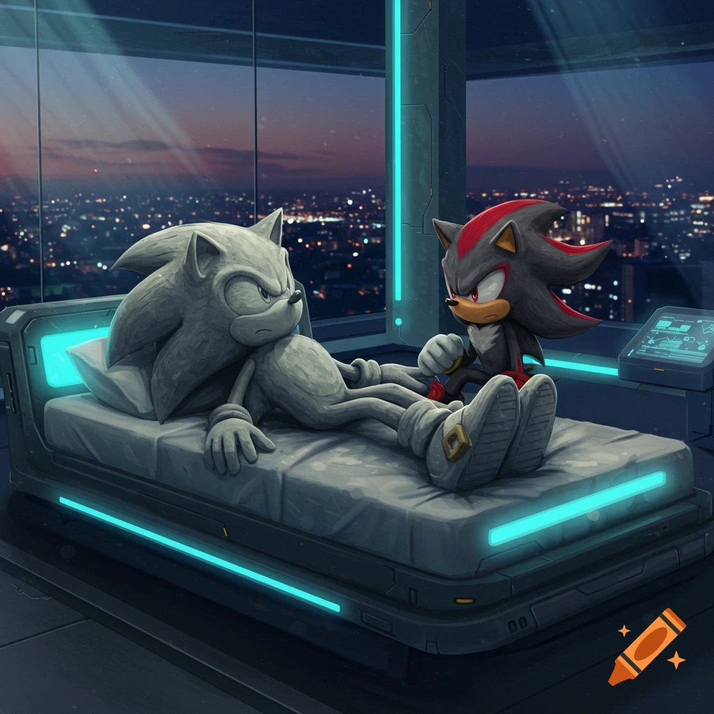 Shadow the Hedgehog sits next to a stone-like Sonic the Hedgehog on a futuristic bed, overlooking a city at night.