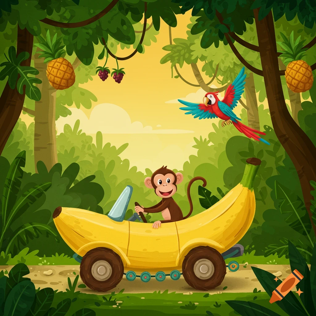 Cartoon monkey drives a banana car on a jungle path, a colorful parrot flies by, surrounded by lush trees and fruit.
