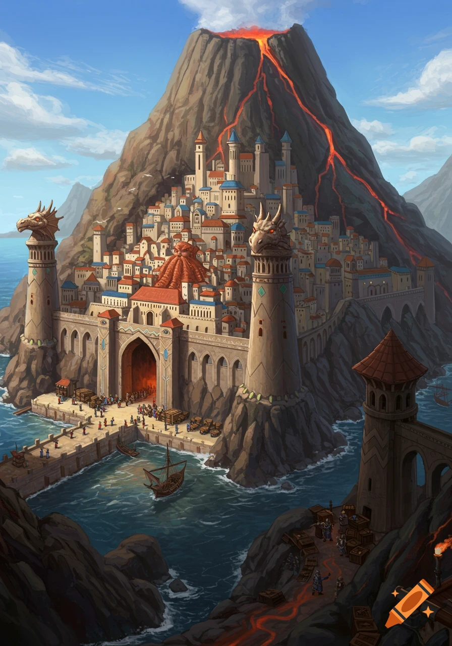 A detailed fantasy illustration of a city built into a volcano with lava, a port with ships, and dragon-headed towers.