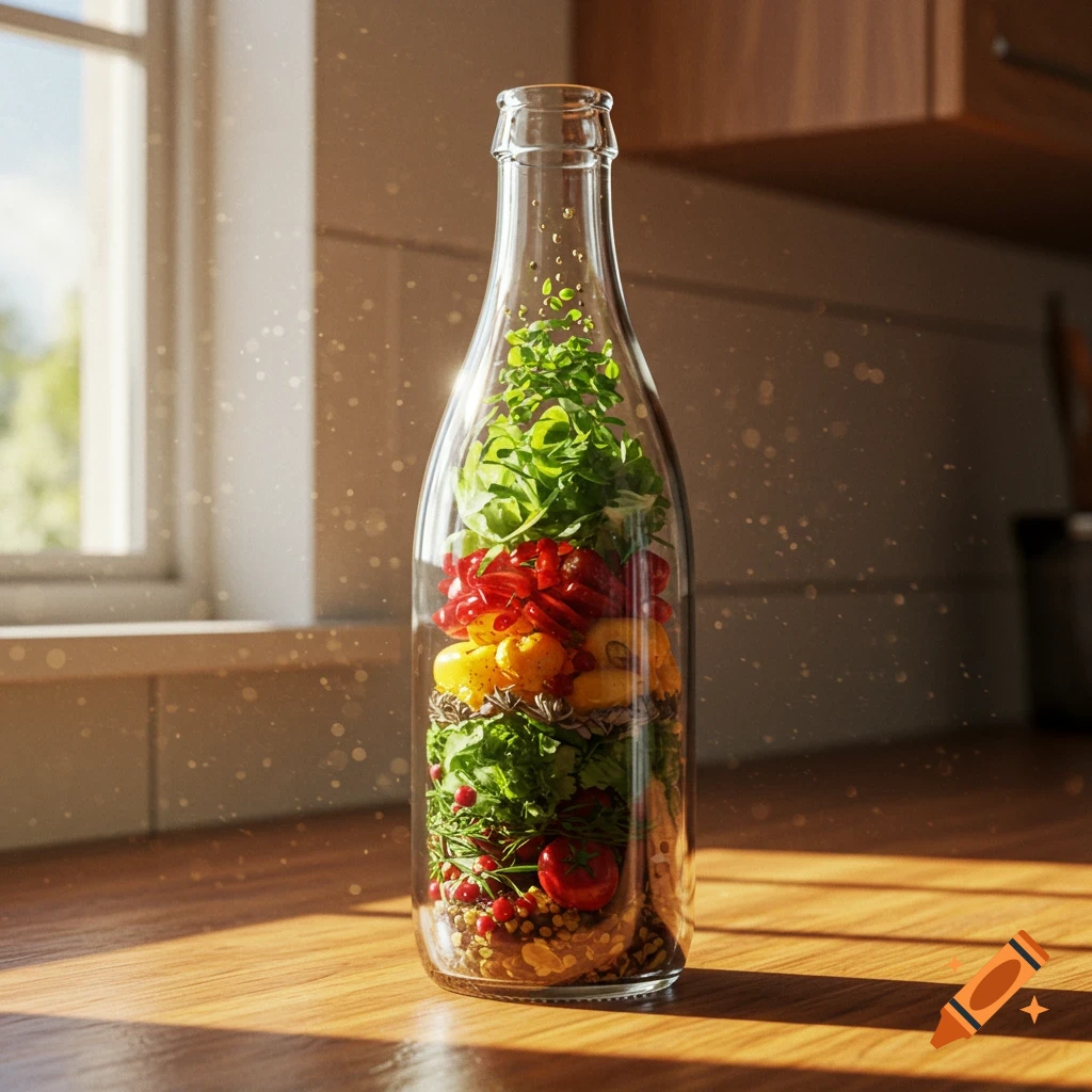 A clear glass bottle filled with layers of fresh green, red, and yellow vegetables, grains, and spices, sitting on a sunlit wooden kitchen counter.