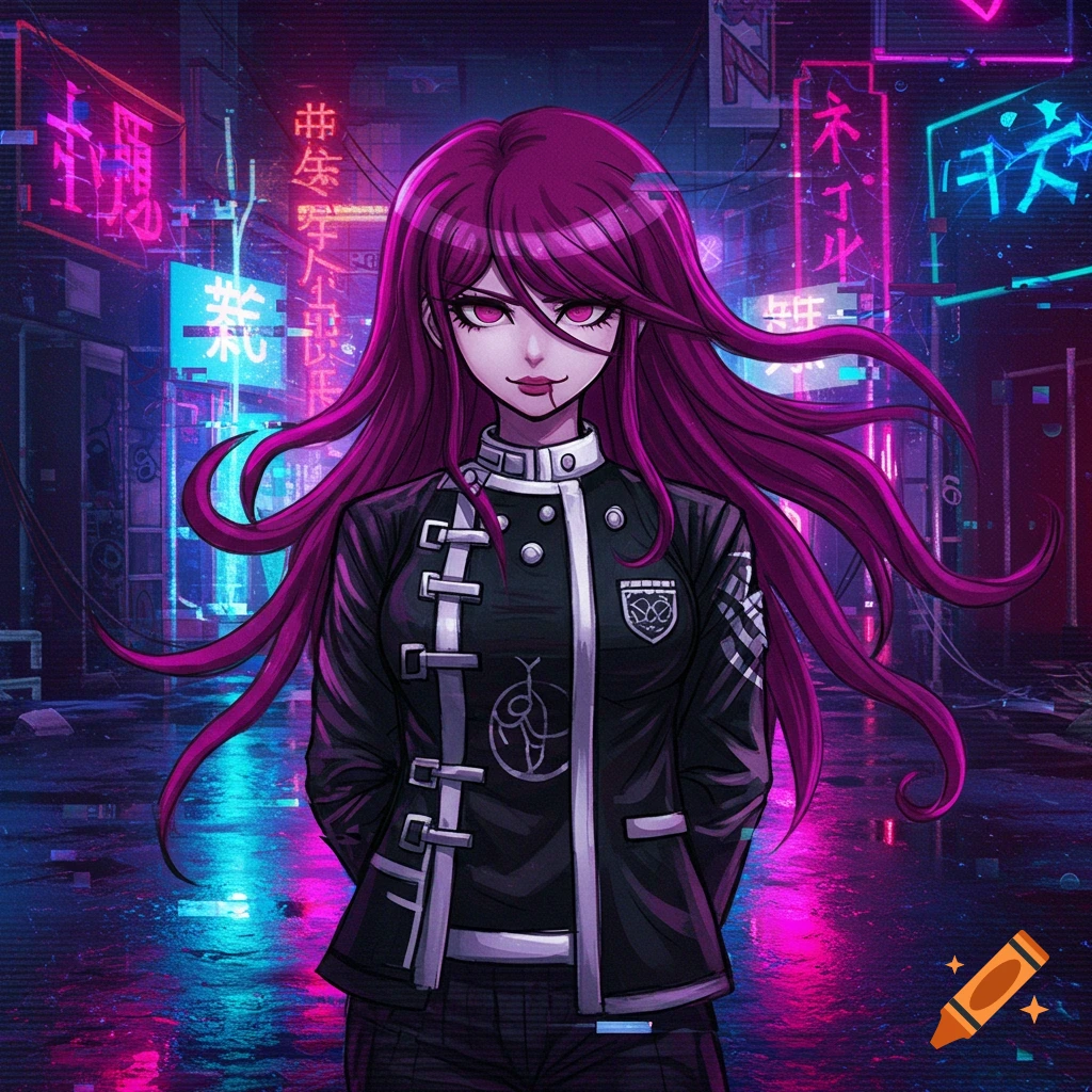 An anime character with long purple hair, red eyes, and a black uniform stands in a vibrant cyberpunk city street with neon signs.